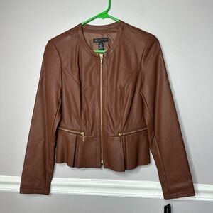 INC International Concepts Brown vegan Leather Jacket with Gold Zipper Peplum